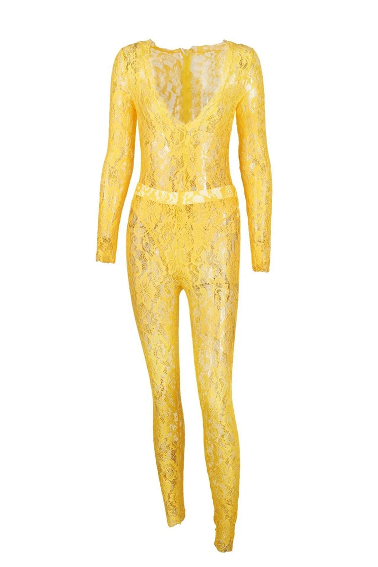 STYLISH LADY See Through Lace 2 Piece Set Women Long Sleeve Bodysuits and Skinny Pant Suits 2025 Summer Sexy Hollow Out Outfits