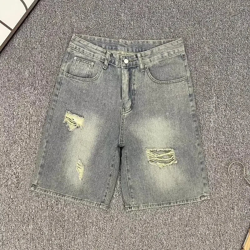 Ripped Denim Shorts Men's American Fashion Brand Loose Straight Mid-pants Casual Versatile Five-point Pants Jort Clothing Jorts