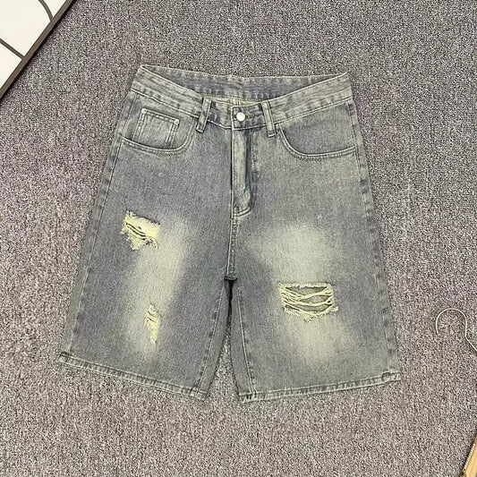 Ripped Denim Shorts Men's American Fashion Brand Loose Straight Mid-pants Casual Versatile Five-point Pants Jort Clothing Jorts