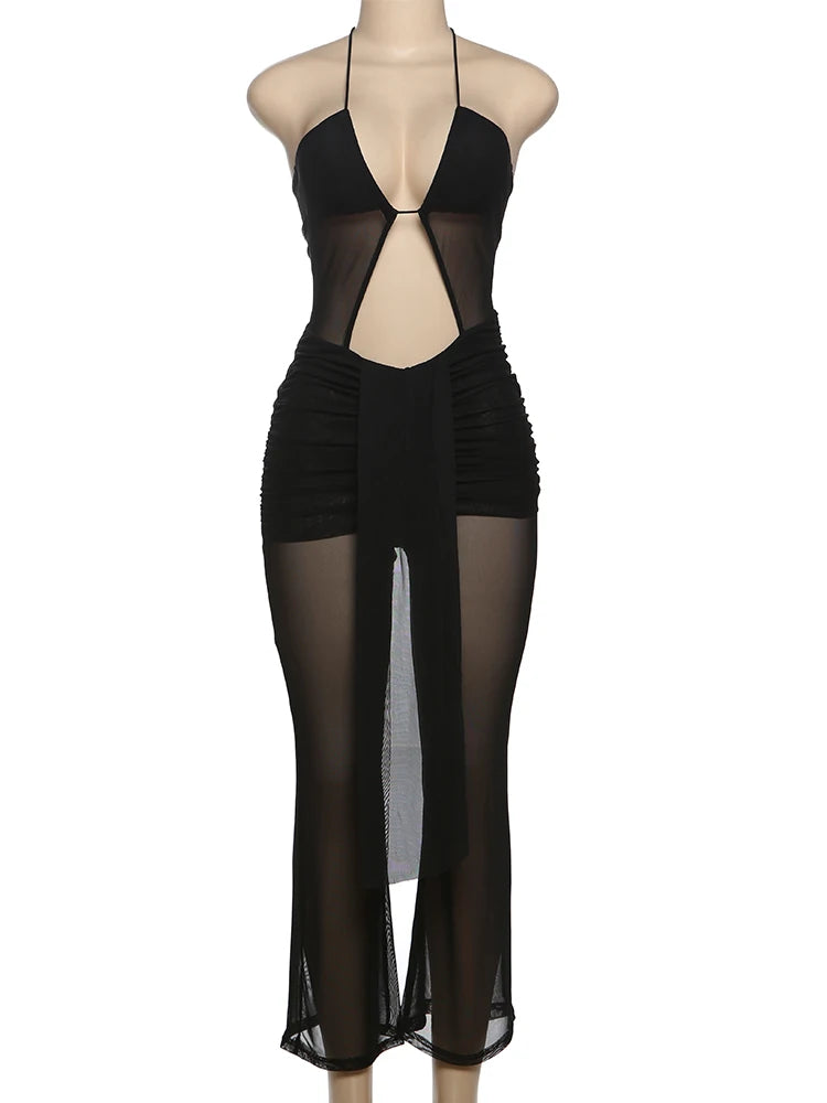 Weird Puss Backless Ruched Jumpsuit Women See Through Sexy Halter Ribbon Hollow Hipster Skinny Summer Clubwear Midnight Overalls