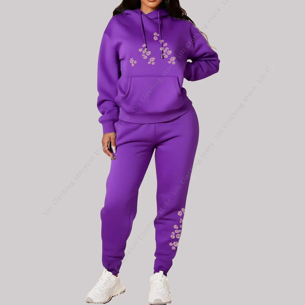 Women's Pants Sets Hoodies Sweatpants Two Piece Outfits Sweatsuit Aesthetic Sportswear Rose Graphic Print Woman Suit Plus Size