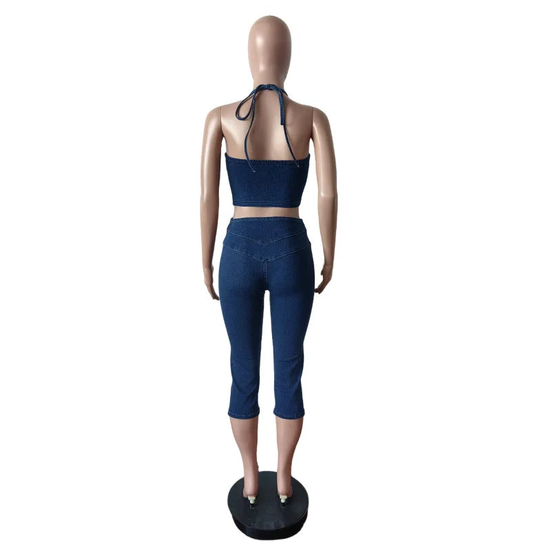 HLJ&GG Blue Fashion jeans Halter Two Piece Sets Women Sleeveless Backless Slim Crop Top And Skinny Jean Pants Outfits Streetwear