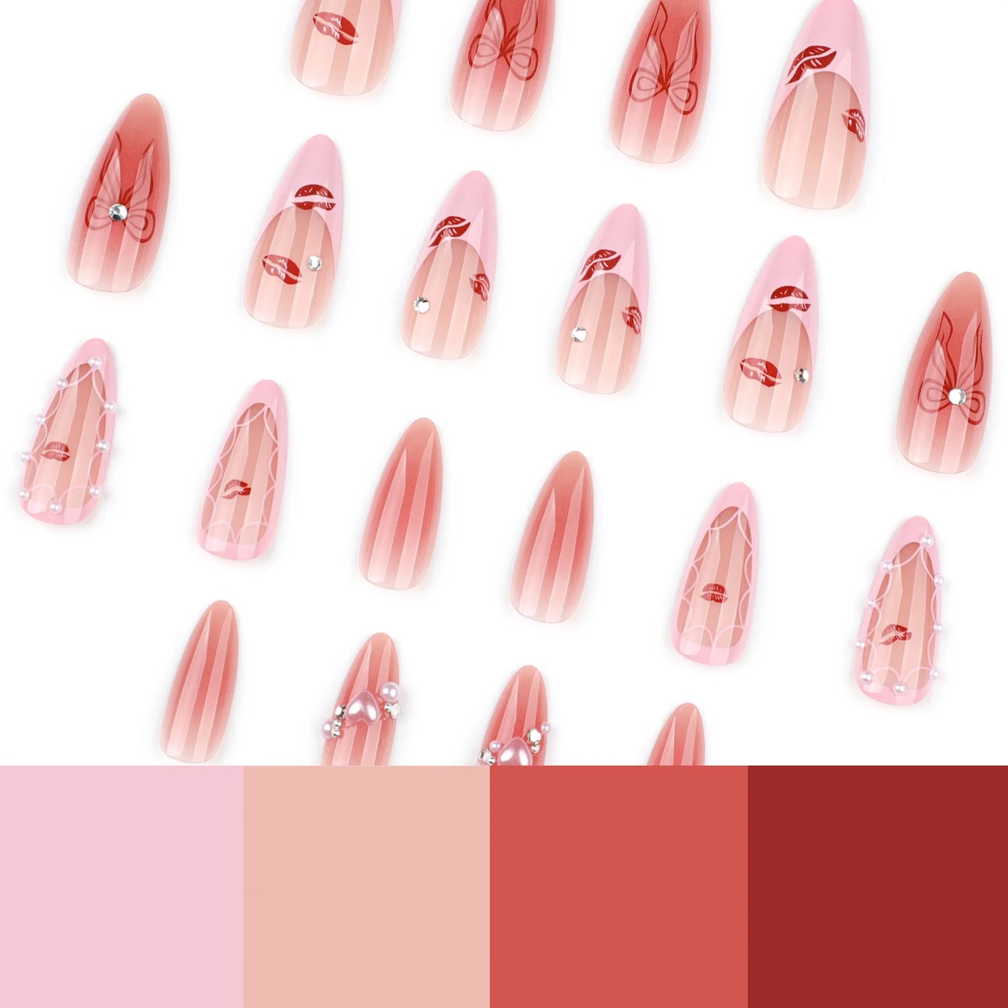 24pcs Sweet Pink Press on Nails with Bow Lipstick Print French Fake Nail Tips Wearable Detachable Ins Simple Korean False Nails