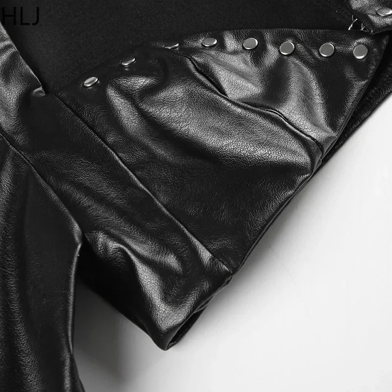 HLJ&GG Fashion Leather Long Sleeve Crop Jacket + Skinny Leopard Pants Two Piece Sets Y2K Cool Girl Outfits Women Sexy Streetwear