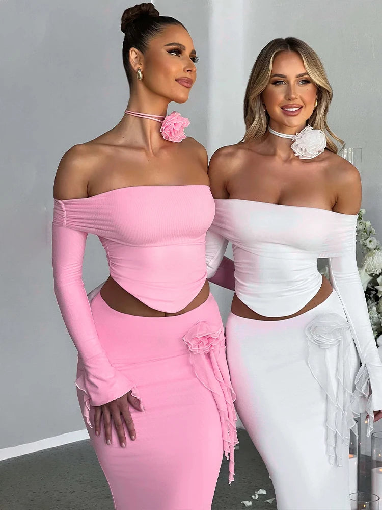 Dulzura Matching Suit Neck Accessories 3D Flower Off Shoulder Long Trumpet Sleeves Crop Top Tassel Maxi Skirt 2024 Autumn Women