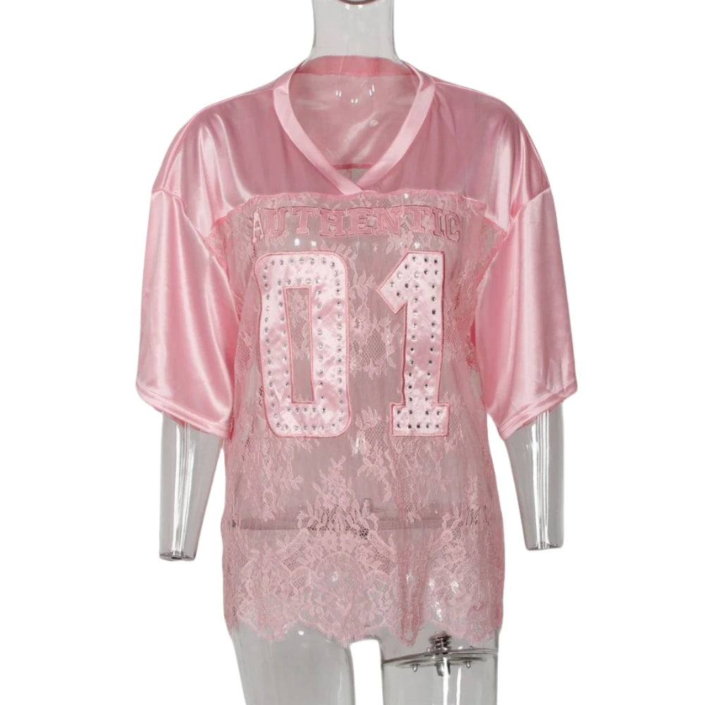 HLJ&GG Y2K Fashion Lace Splicing Letter Two Piece Sets Women V Neck Short Sleeve Loose Top+Mini Ruffle Skirts Outfits Streetwear