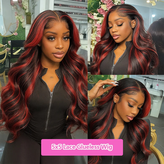 1B/99J Omber Black With Red 5x5 Highlight Lace Front Closure Body Wave Glueless Wigs Human Hair Brazilian Burgundy Colored Wigs