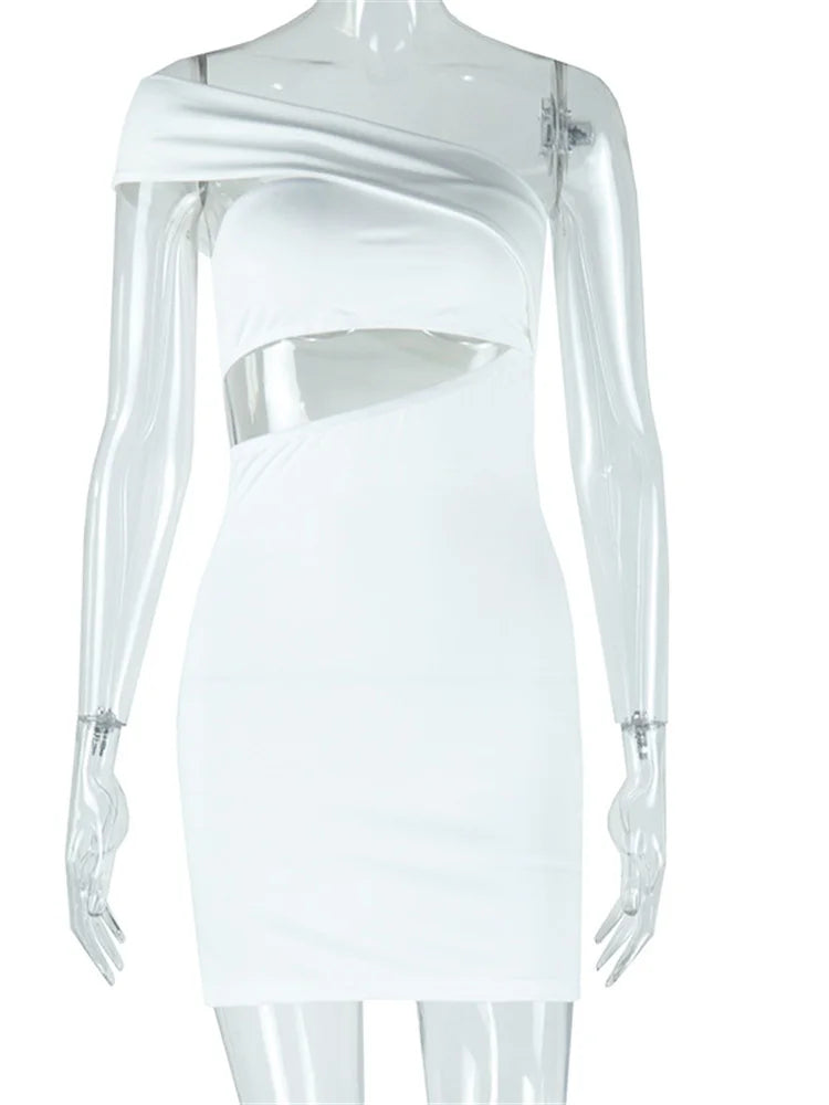 Weird Puss Irregular Hollow Dress Women Ruched Diagonal Collar Sleeveless Midnight Trend Skinny Backless Coquettish Mini Bodycon