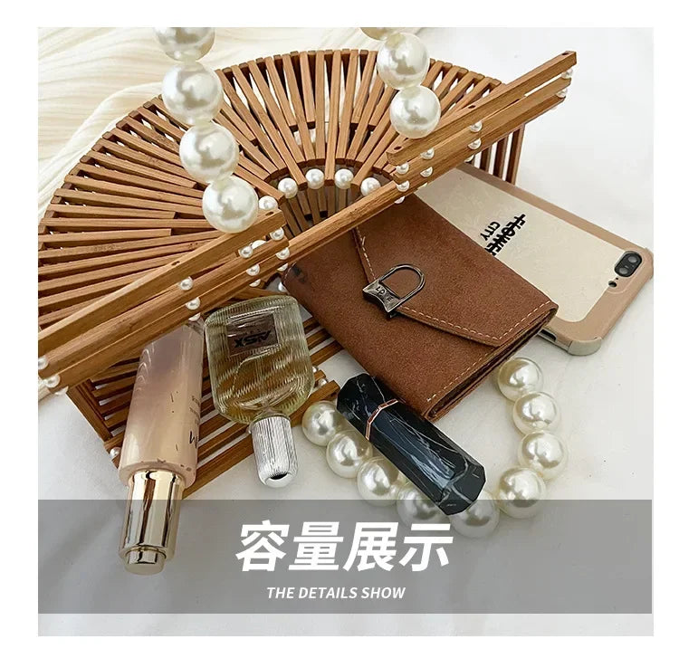 Women's Hand - Woven Bamboo Bag | Bamboo Woven Basket Style, Beach Vacation Essential, Handheld Bucket Design