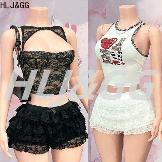 HLJ&GG Sexy Lace Splicing See Though Hollow Two Piece Sets Women Sleeveless Slim Crop Top+Ruffle Mini Skirts Outfits Streetwear