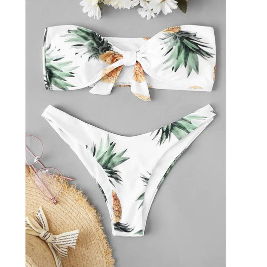 2024 Summer Women Bikini Set Trendy Sexy Solid Flower Printed Strapless Low Waist Swimsuit Beach Style Bathing Suit