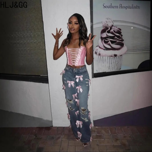 HLJ&GG Y2K Fashion Bow Sweet Straight Jeans Pants Women High Waisted Button Pocket Denim Pants Hot Girl Streetwear Bottoms 2025