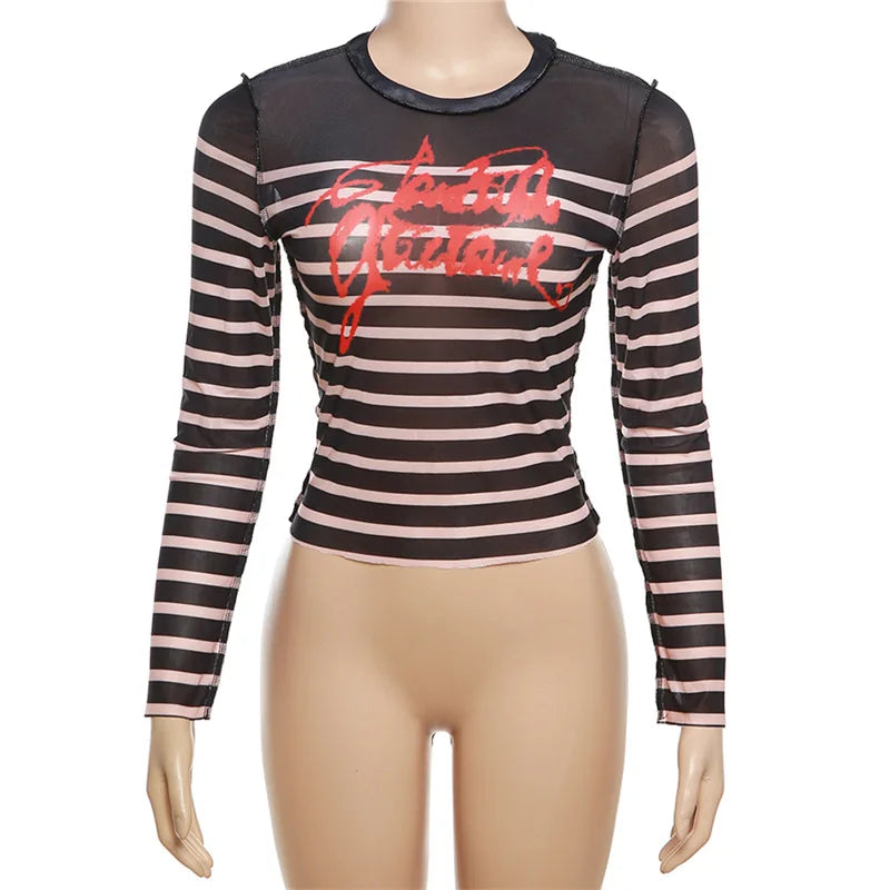 HLJ&GG Y2K Sexy Stripe Letter See Though Two Piece Sets Women Long Sleeve Slim Top And Mini Leather Skirts Outfits Streetwear