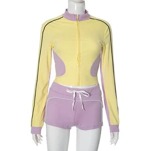 STYLISH LADY Contrast Color Sporty 2 Piece Set Women Long Sleeve Zipper Crop Top and Drawstring Short Suits 2025 Workout Outfits
