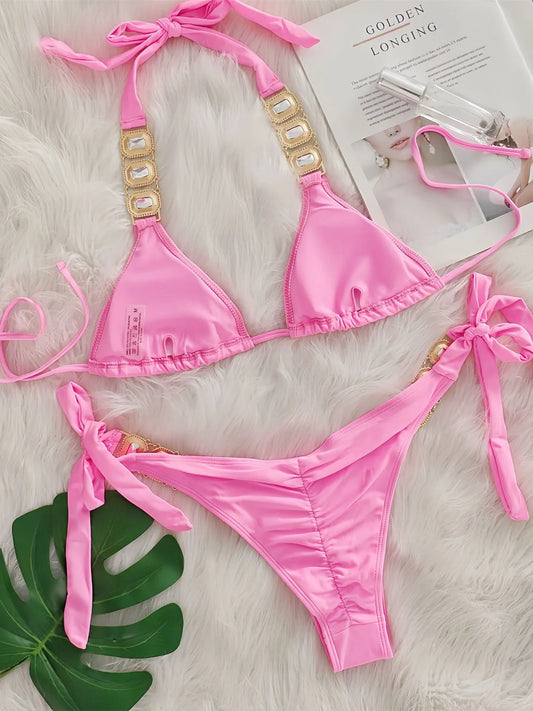 Sexy Rhinestone Bikini Set Women 2025 Luxury Pink Crystal Diamond Push Up Bandage Thong Swimsuit Beach Bathing Suit Swimwear