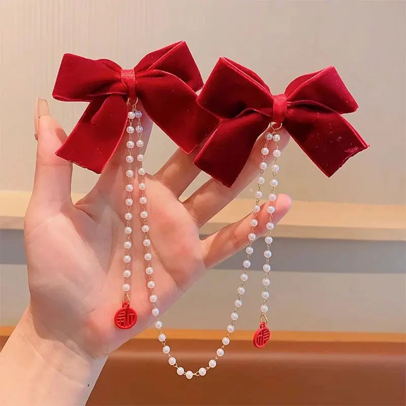 Sweet Princess Style Pink Pearls Chain Bow Hair Clip Women Children's Cute Back Head Hairpins Hair Clips Girls Hair Accessories