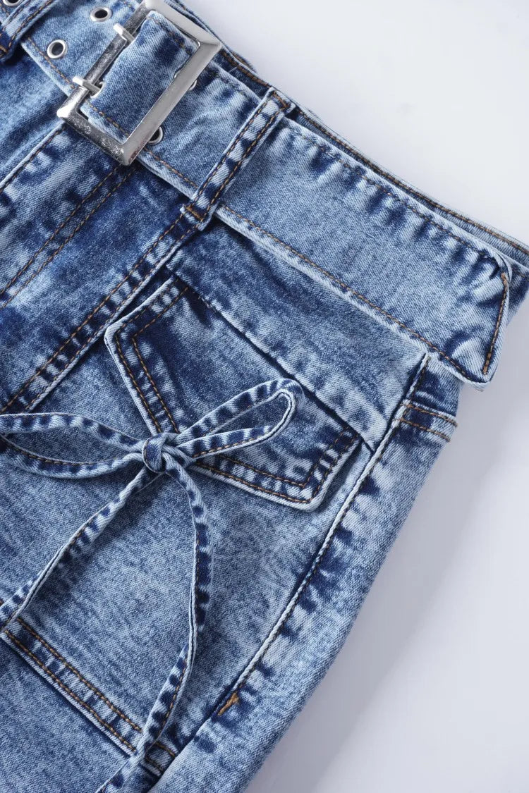 Women's Blue jeans shorts Y2K Inspired Belted Design Bow Adorned Pockets Trendy Streetwear for Fashion Forward Women