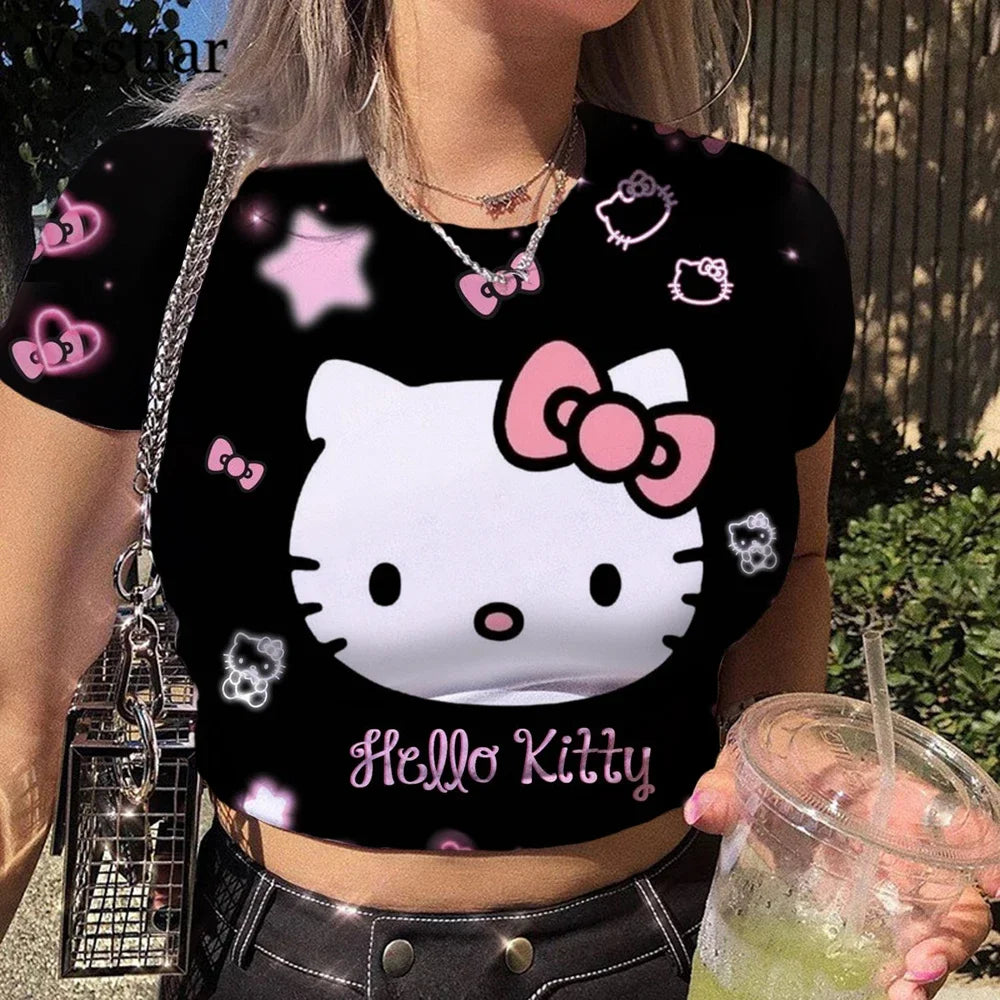 Women's Clothing Short Sleeved T-shirt Slim Fit Top Women's Clothes Pink Hello Kitty Printed Crop Top T-shirt Girls Street Wear