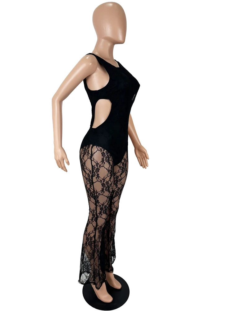 Kricesseen Women's Cut-Out See-Through Sheer Lace Jumpsuits Sexy Hollow Out Fitted Wide Legs Jumpsuits Night Out Romper Clubwear