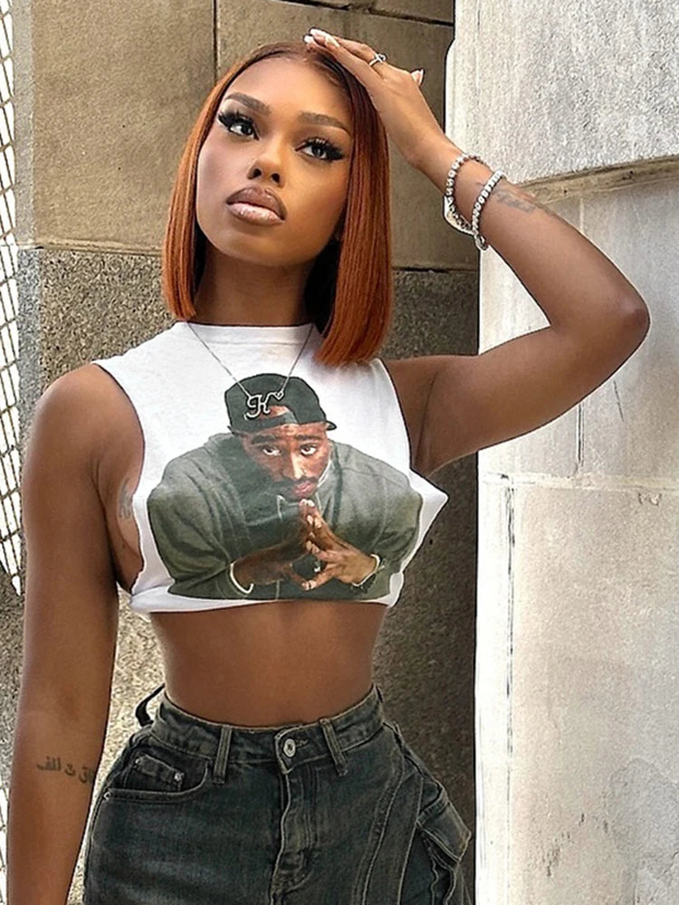 Weird Puss Mannequin Print Women Crop Tank Tops Summer Hipster O-Neck Wild Basic Stretch Fashion Y2K Cool Street Sexy Mini Vest