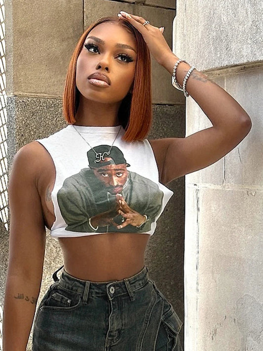 Weird Puss Mannequin Print Women Crop Tank Tops Summer Hipster O-Neck Wild Basic Stretch Fashion Y2K Cool Street Sexy Mini Vest