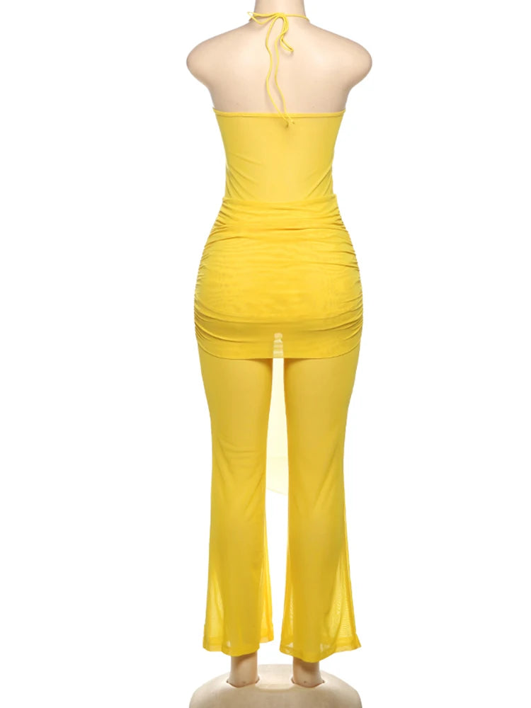 Weird Puss Backless Ruched Jumpsuit Women See Through Sexy Halter Ribbon Hollow Hipster Skinny Summer Clubwear Midnight Overalls