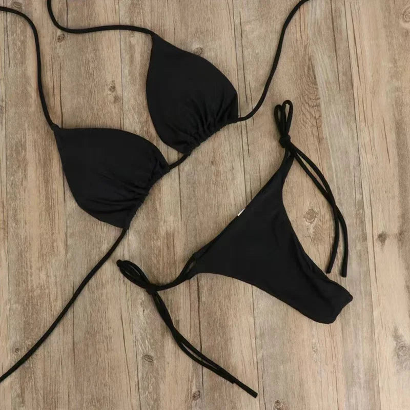 Solid Color Tie-Side G-String Bikini Set Breathtaking Bathing Suit with Feminine Bandage Design Sexy Brazilian Bikini Beachwear