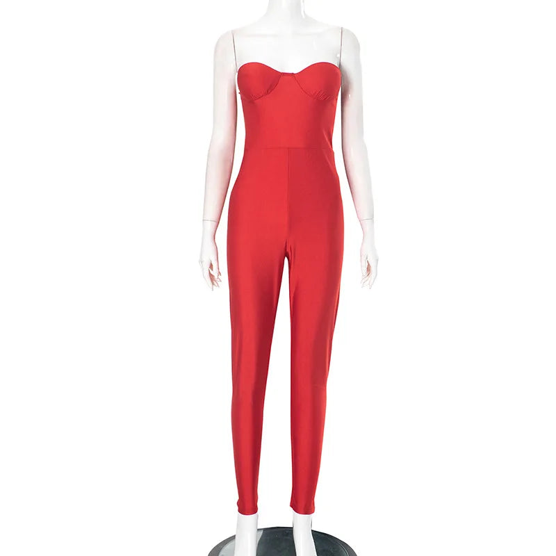 STYLISH LADY Strapless Backless Padded Jumpsuits 2025 Summer Solid Color Sexy Night Club Bodycon One Piece Overalls Streetwear