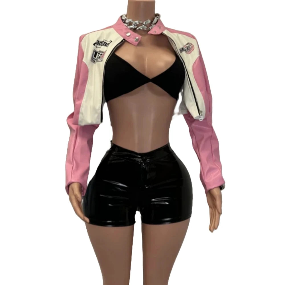 HLJ&GG Pink Letter Print Leather Jacket 3 Piece Sets Women Vest+Long Sleeve Crop Top+Shorts Outfits Fashion Cool Girl Streetwear