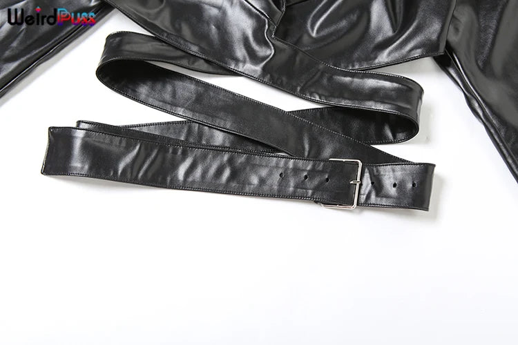 Weird Puss PU Hipster Leather 2 Piece Set Women Fall Trend v-Neck Cross Sash Sexy Crop Tops+Shorts Matching Streetwear Outfits