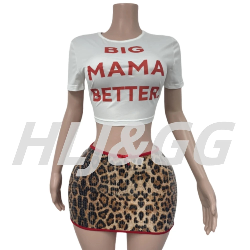 HLJ&GG Fashion Y2K Sequin Leopard Mini Skirts Two Piece Sets Women O Neck Short Sleeve Slim Croptop And Skirts Outfit Streetwear