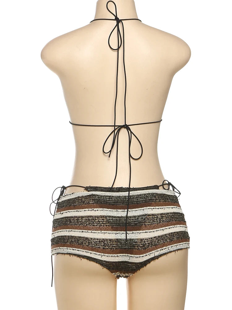 Weird Puss Ripped Tassel 3Piece Set Women Sexy Crochet Y2K Bandage Bra+Thong+Shorts Beach Vacation Midnight Club Party Swimsuit