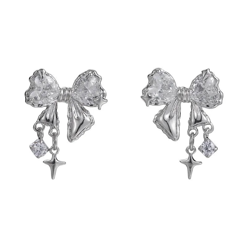 Y2K Bowknot Zircon Stud Earrings for Women Fashion Korean Silver Color Pink Crystal Personality Earring Girl Party Jewelry Gifts