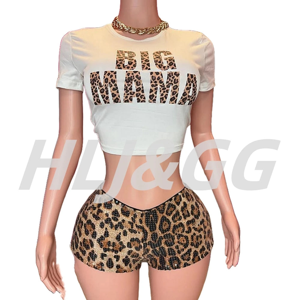 HLJ&GG Fashion Y2K Sequin Leopard Shorts Two Piece Sets Women Round Neck Short Sleeve Slim Crop Top And Shorts Outfit Streetwear