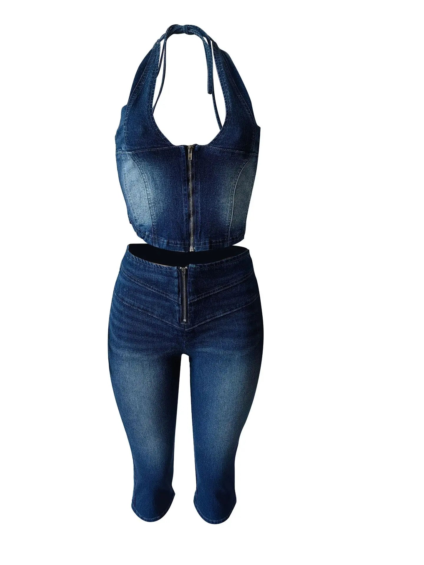 HLJ&GG Blue Fashion jeans Halter Two Piece Sets Women Sleeveless Backless Slim Crop Top And Skinny Jean Pants Outfits Streetwear