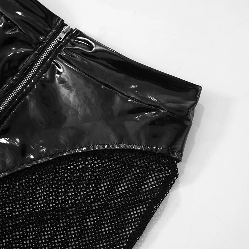 Weird Puss PU Patchwork Sexy 2 Piece Set Women Autumn Hipster Full Zip Crop Jacket+Shorts Matching Clubwear Midnight Outfits