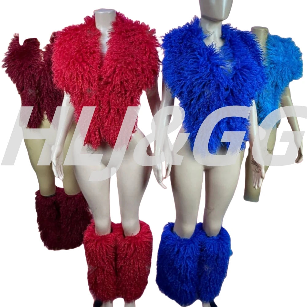 HLJ&GG Trend Y2K Two Piece Sets Women Fur Feather Halter Waistcoat Fashion Backless Lace Up Legs Cover Streetwear Clothing 2025