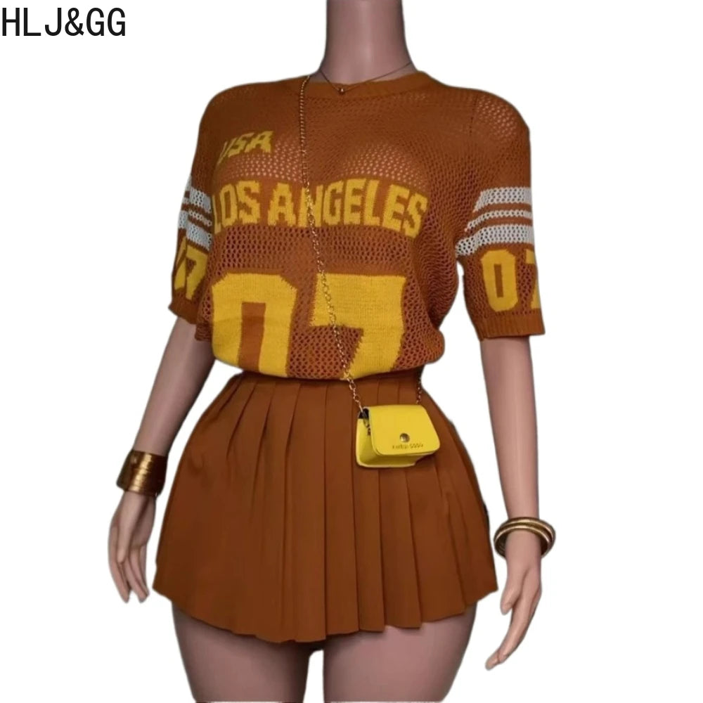 HLJ&GG Summer New Mesh Letter Print Mini Pleated Skirts Two Piece Sets Women Round Neck Short Sleeve Slim Top And Skirts Outfits