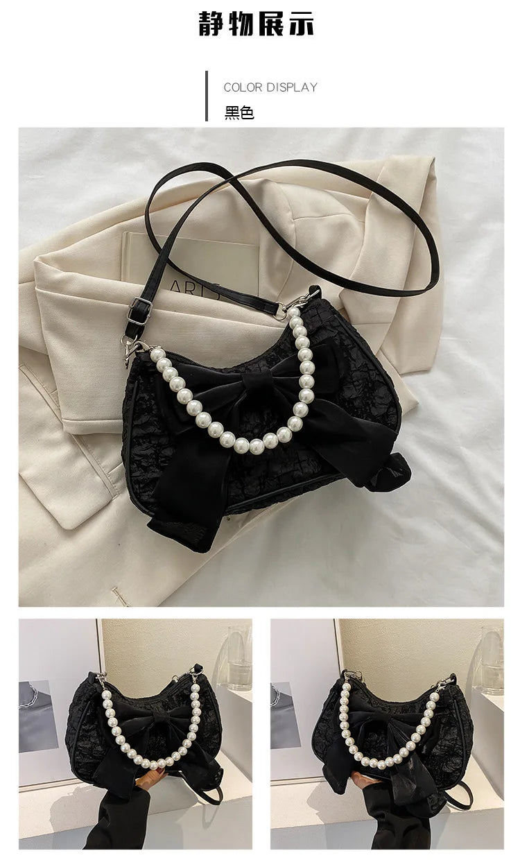 Pearl Female Bag Retro Luxury Designer Handbag Bow Crossbody Bags Fashion Canvas Women's 2023 Trend Shoulder bag Purses