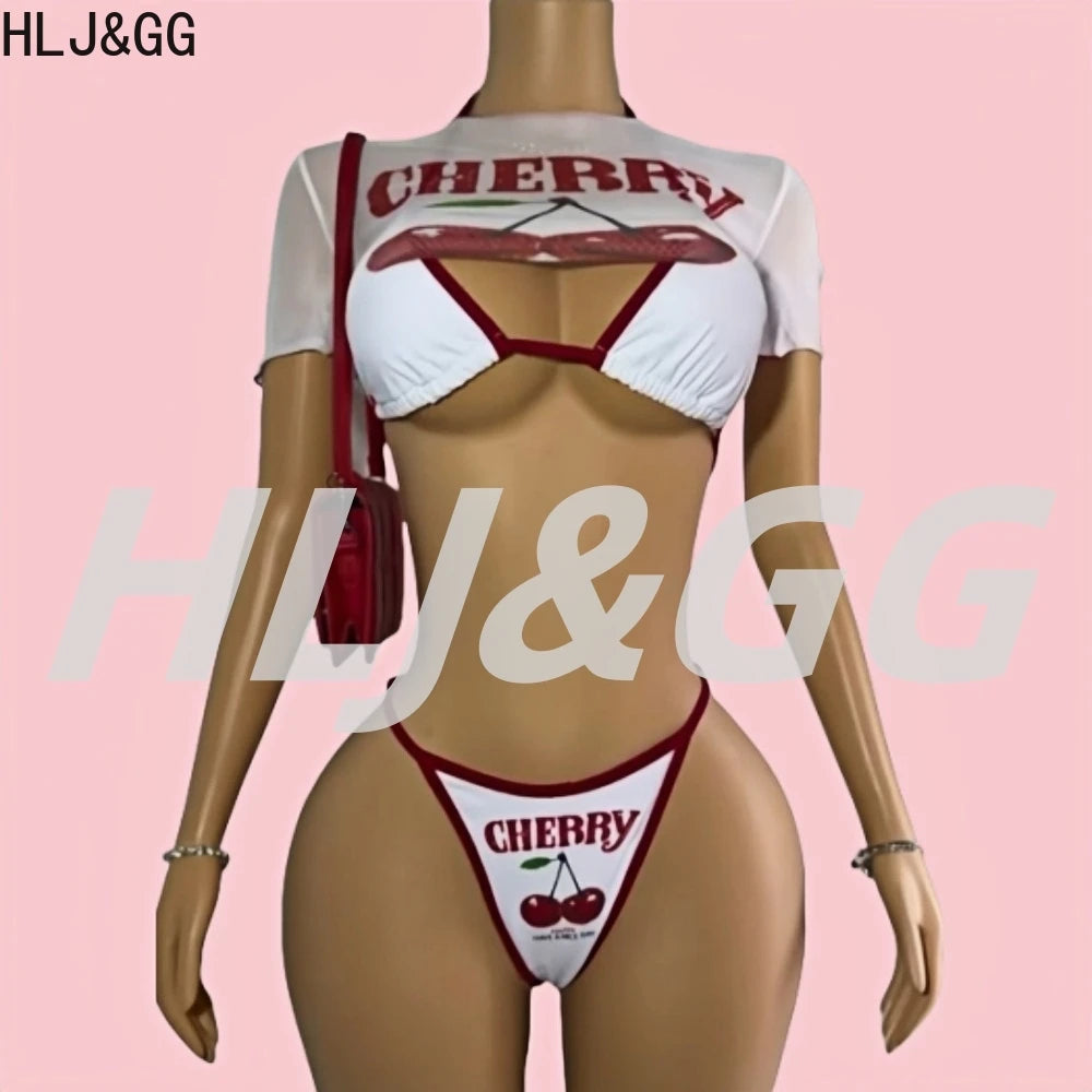 HLJ&GG Sexy Cherry Printed See Though 3 Piece Bikini Swimsuit Women Round Neck Short Sleeve Top Outfit Summer New 3pcs Beachwear