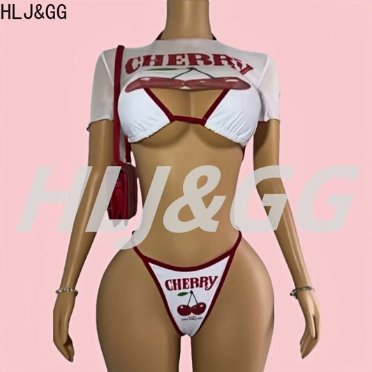 HLJ&GG Sexy Cherry Printed See Though 3 Piece Bikini Swimsuit Women Round Neck Short Sleeve Top Outfit Summer New 3pcs Beachwear