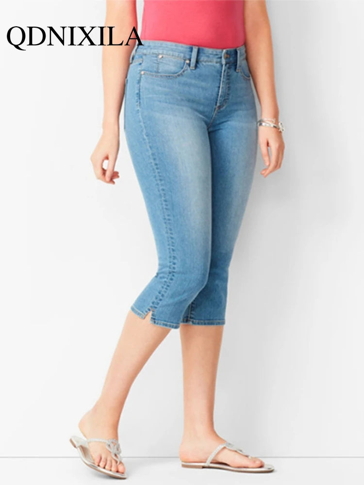 Ladies Jeans Pants Ladies Cropped Trousers Skinny Knee Length Jeans female Elastic High Waist Mom Jeans Oversize