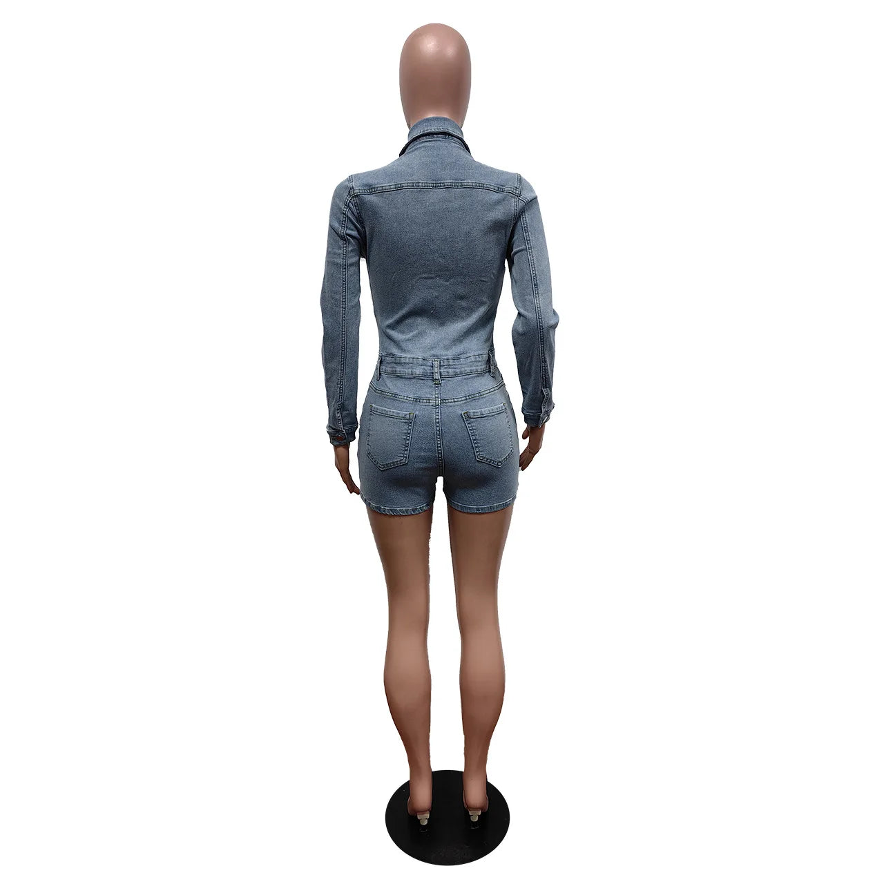 HLJ&GG Blue Fashion Pocket jeans Bodycon Rompers Women V Neck Long Sleeve Slim Cowboy One Piece Jumpsuits Sexy Female Overalls