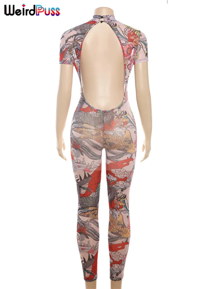 Weird Puss See Through Jumpsuit Women Backless Dragon Print Short Sleeve Fitness Activity Workout Overalls Slim Stretch Clubwear