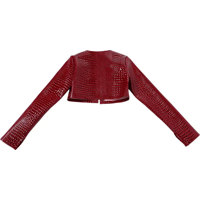 HLJ&GG Fashion Y2K Leather Snake Jacket Coat Three Piece Sets Women Lapel Long Sleeve Crop Top+Shorts Outfits Trend Streetwear