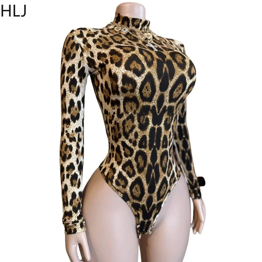 HLJ&GG Sexy Leopard Bodycon Bodysuits Women Turtleneck Long Sleeve Slim Romper Spring New Fashion One Piece Jumpsuit Clubwear