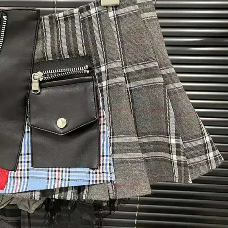 DEAT 2025 Summer New Patchwork Plaid Irregular Pleated Mini Skirt, Zipper Pockets Lace Design Skirts 29L7565