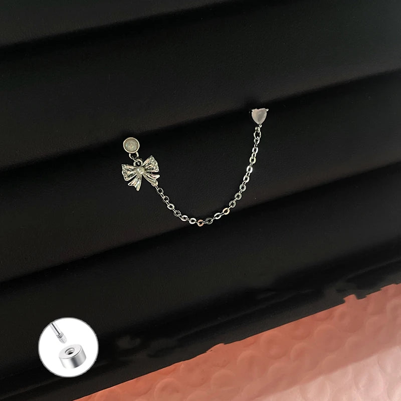 1PCS Pink Love Heart Chain Double Ear Hole 316L Stainless Steel Ear Bone Nail Y2K Fashion Hottie Earrings for Women Jewelry