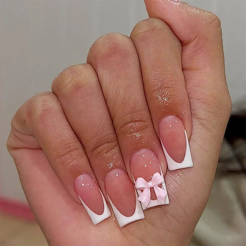 White French Press on Nails 3D Bowknot Fake Nails Tips Full Cover Wearable False Nails for Women and Girls DIY 24Pcs