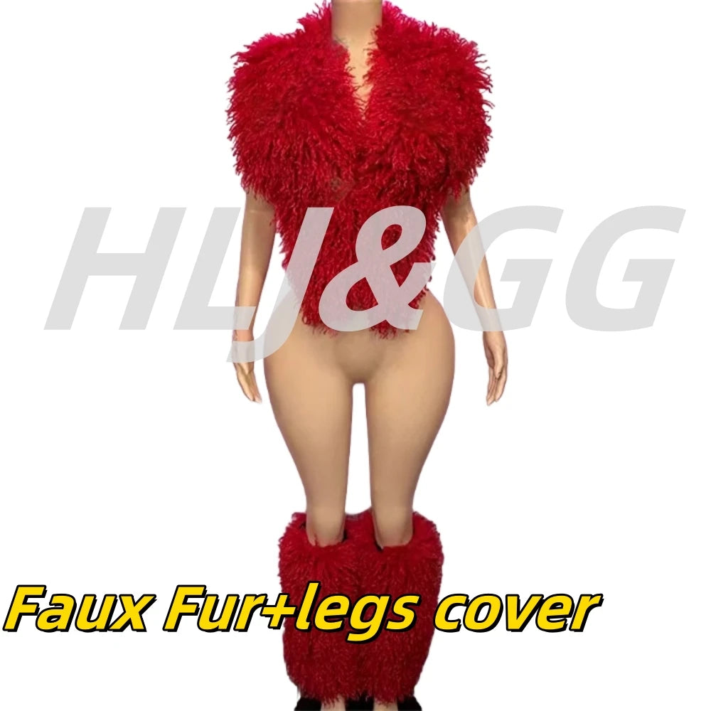 HLJ&GG Trend Y2K Two Piece Sets Women Fur Feather Halter Waistcoat Fashion Backless Lace Up Legs Cover Streetwear Clothing 2025